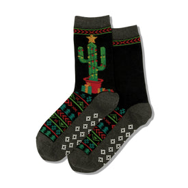 christmas cactus non-skid slipper christmas themed womens black novelty crew socks