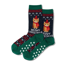 meowy christmas non-skid slipper christmas themed womens blue novelty crew socks