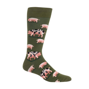 spotted pig pig themed mens green novelty crew socks