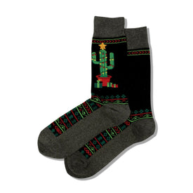 christmas cactus non-skid slipper christmas themed mens black novelty crew socks