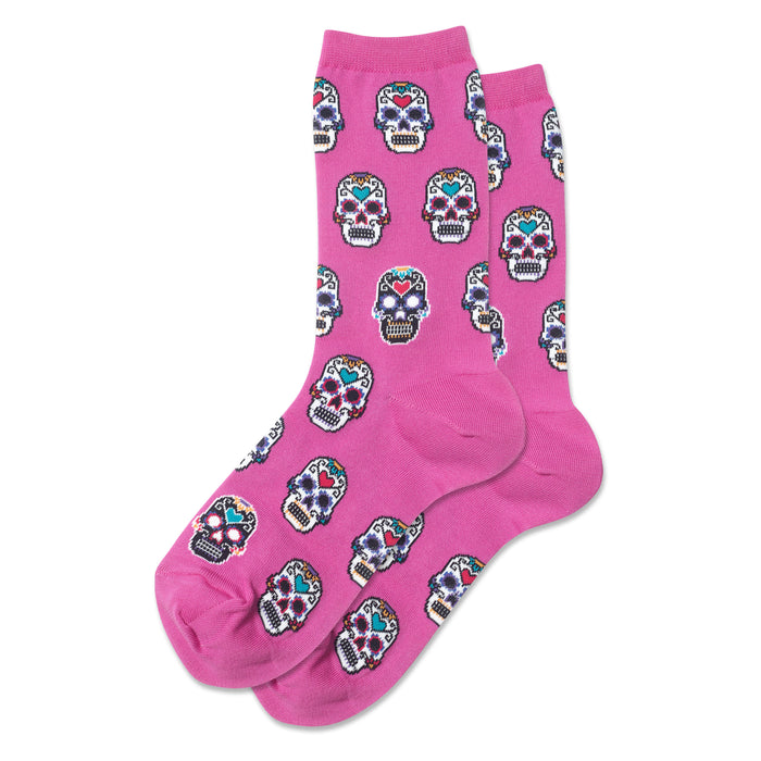 sugar skulls day of the dead themed womens pink novelty crew socks