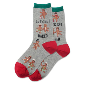 let's get baked christmas themed womens grey novelty crew socks