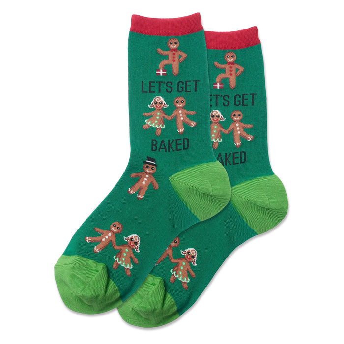 let's get baked christmas themed womens green novelty crew socks