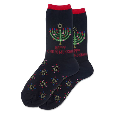 chrismukkah holiday themed womens black novelty crew socks