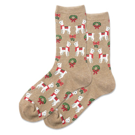 holiday llama christmas themed womens beige novelty crew socks