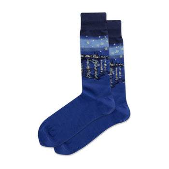 Pair of blue crew socks featuring Van Gogh's Starry Night Over the Rhone painting.  The design includes a cityscape reflected in water under a starry night sky.