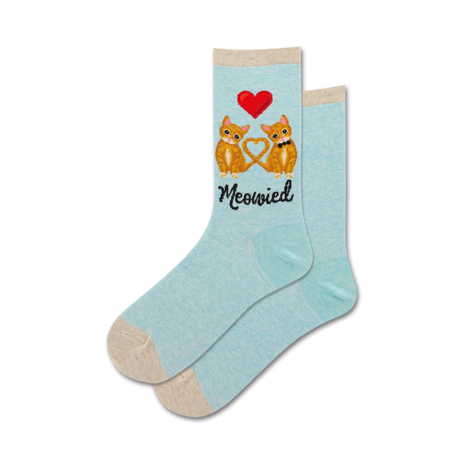 Pair of light blue crew socks with an image of two orange cats, a heart, and the word 'Meowied'. Beige cuffs.