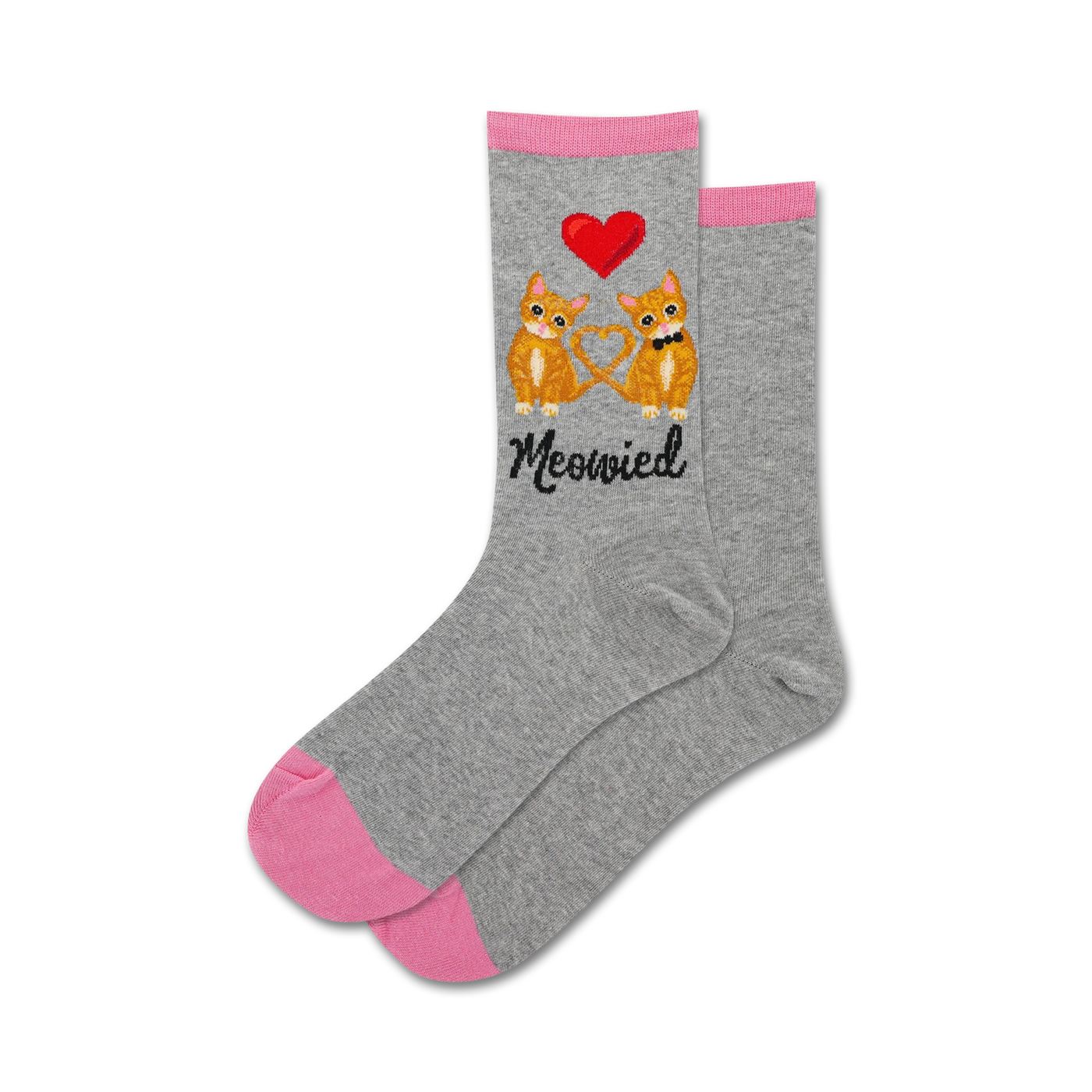 Lifestyle shot showing a pair of gray Meowied socks with pink cuffs.