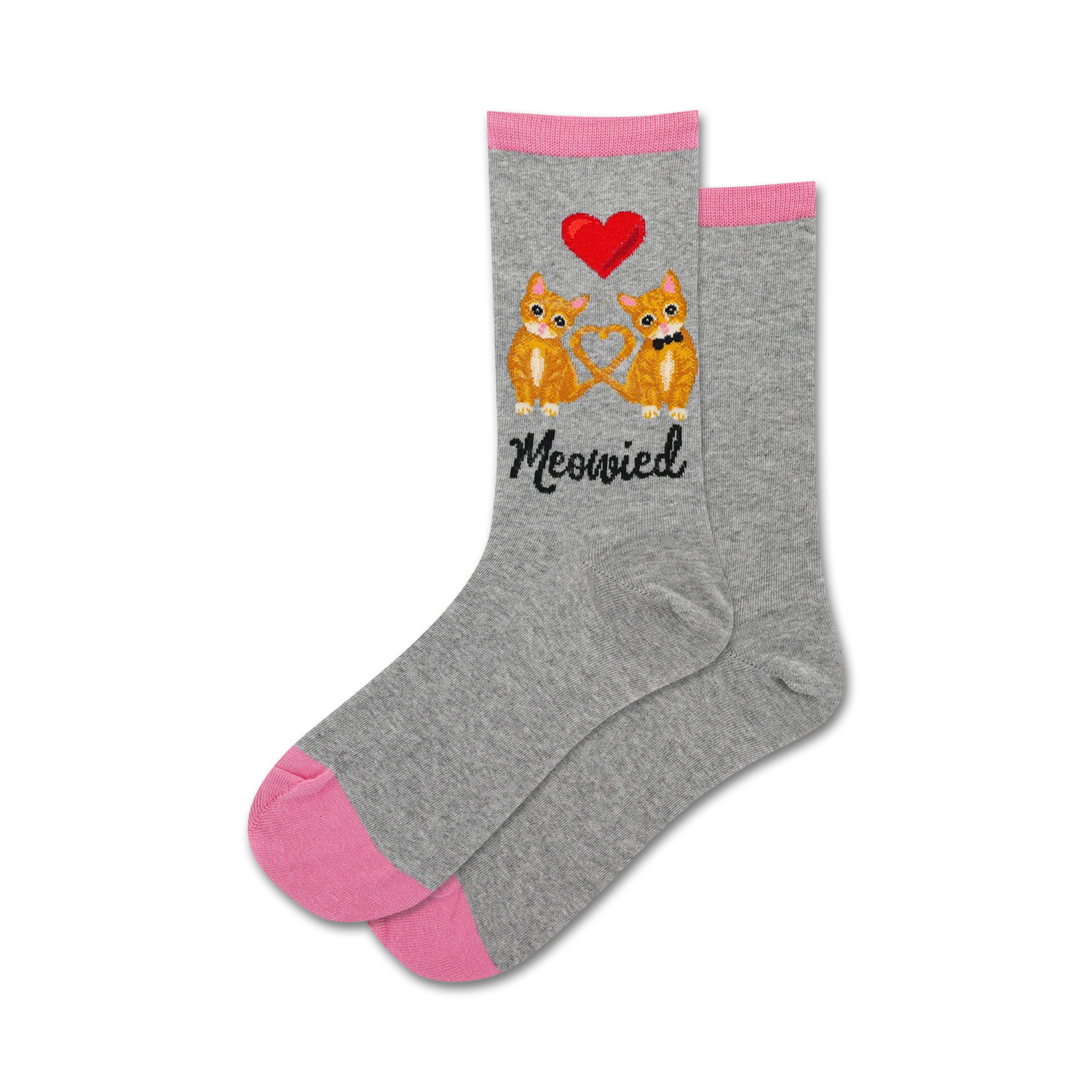 Lifestyle shot showing a pair of gray Meowied socks with pink cuffs.