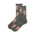 Pair of crew socks shown in grey.  Iced coffee cups with pink straws are printed on a grey background.