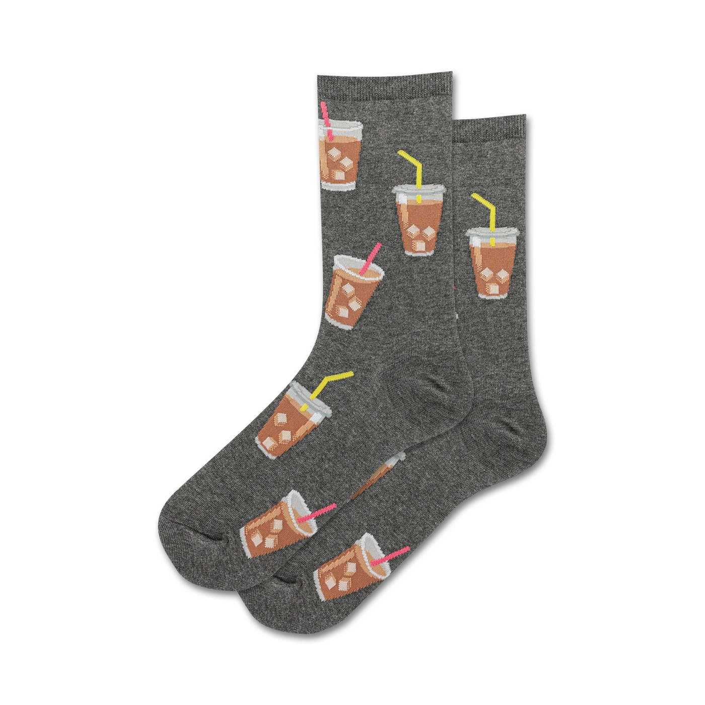 Pair of crew socks shown in grey.  Iced coffee cups with pink straws are printed on a grey background.