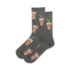 Pair of crew socks shown in grey.  Iced coffee cups with pink straws are printed on a grey background.