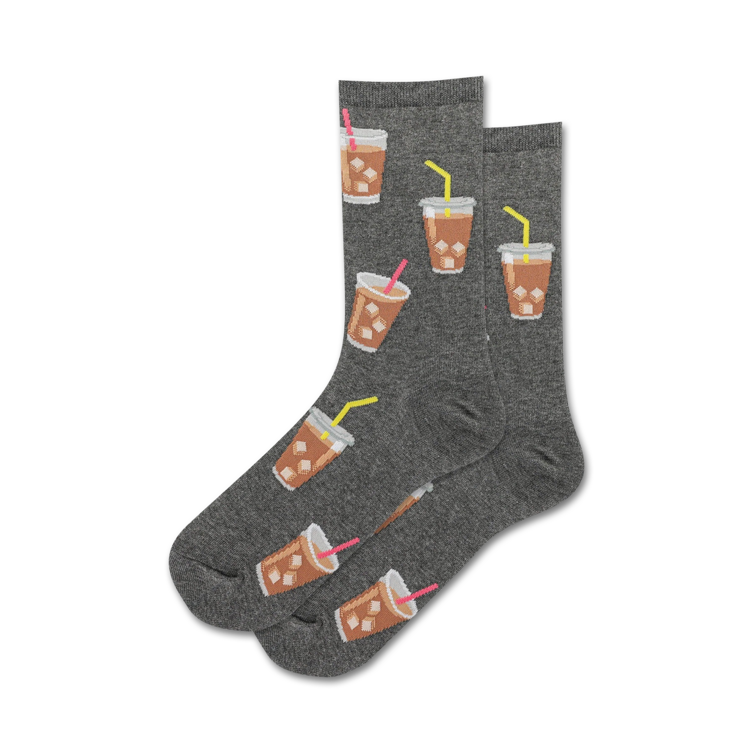 Pair of crew socks shown in grey.  Iced coffee cups with pink straws are printed on a grey background.