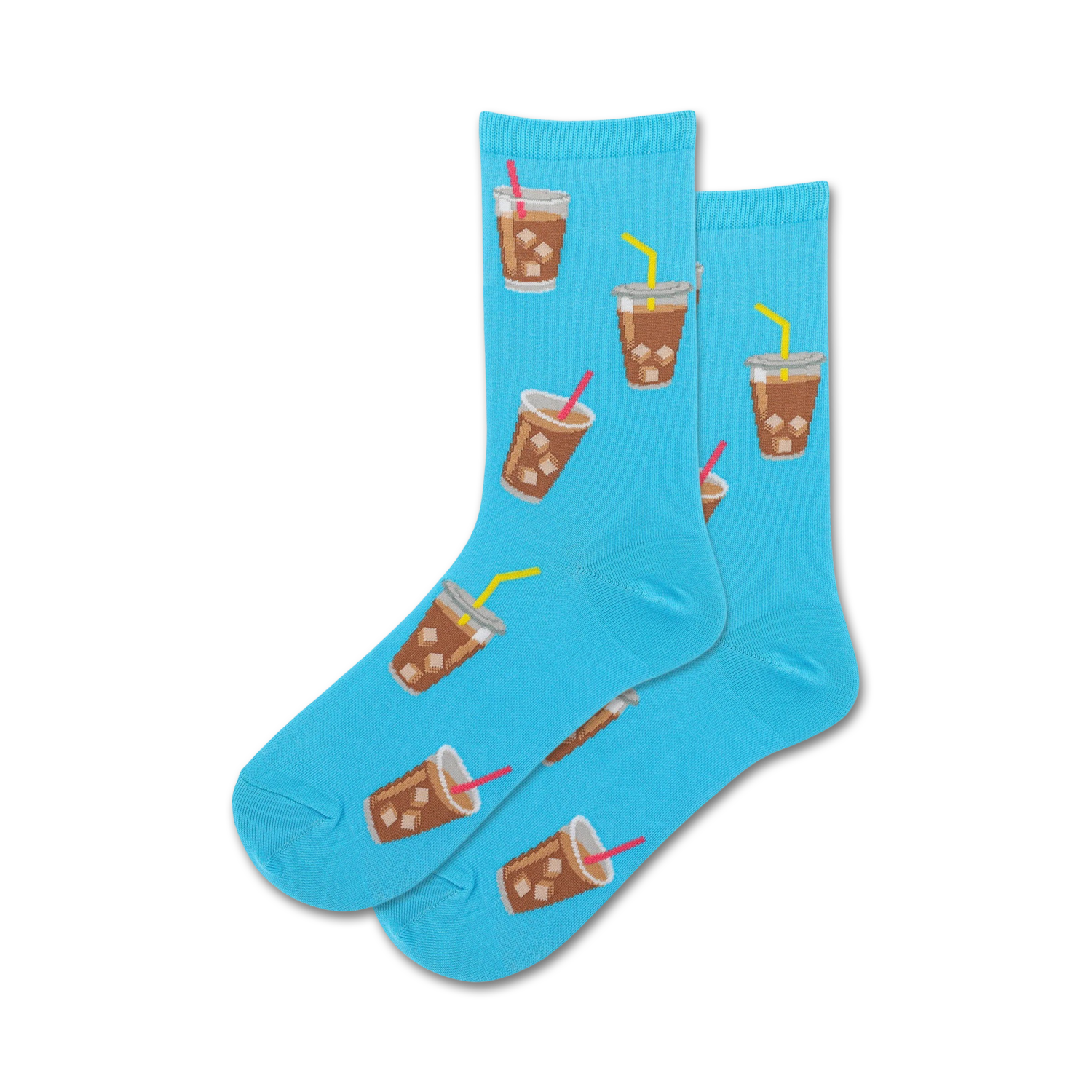 Lifestyle shot showing a person wearing light blue 'Iced Coffee' socks and another person wearing grey socks with sunglasses on them.