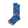 Pair of crew socks, blue and beige options shown, featuring a pattern of kitchen tools like pots, pans, knives, and a chef's hat.