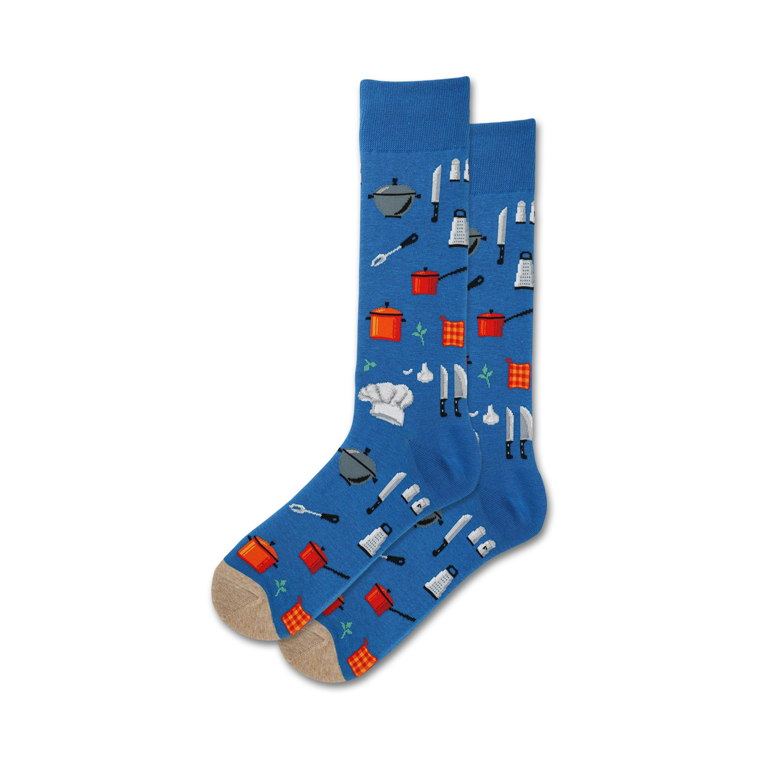 Pair of crew socks, blue and beige options shown, featuring a pattern of kitchen tools like pots, pans, knives, and a chef's hat.