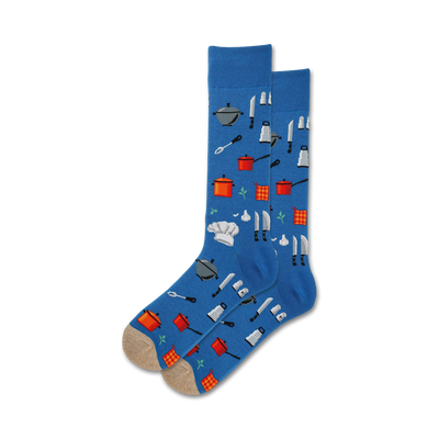 chef tools kitchen themed mens  blue novelty crew socks