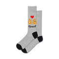 A pair of heather gray crew socks with an image of two orange cats forming a heart shape, a red heart above them, and the word 'Meowied' below.  Black heels and toes.