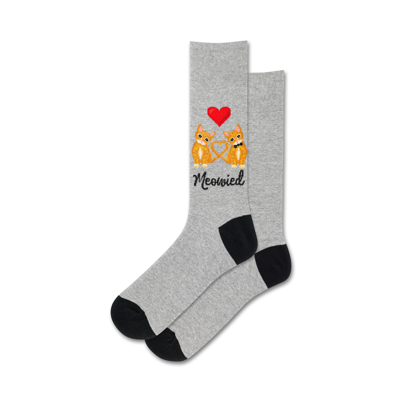 A pair of heather gray crew socks with an image of two orange cats forming a heart shape, a red heart above them, and the word 'Meowied' below.  Black heels and toes.