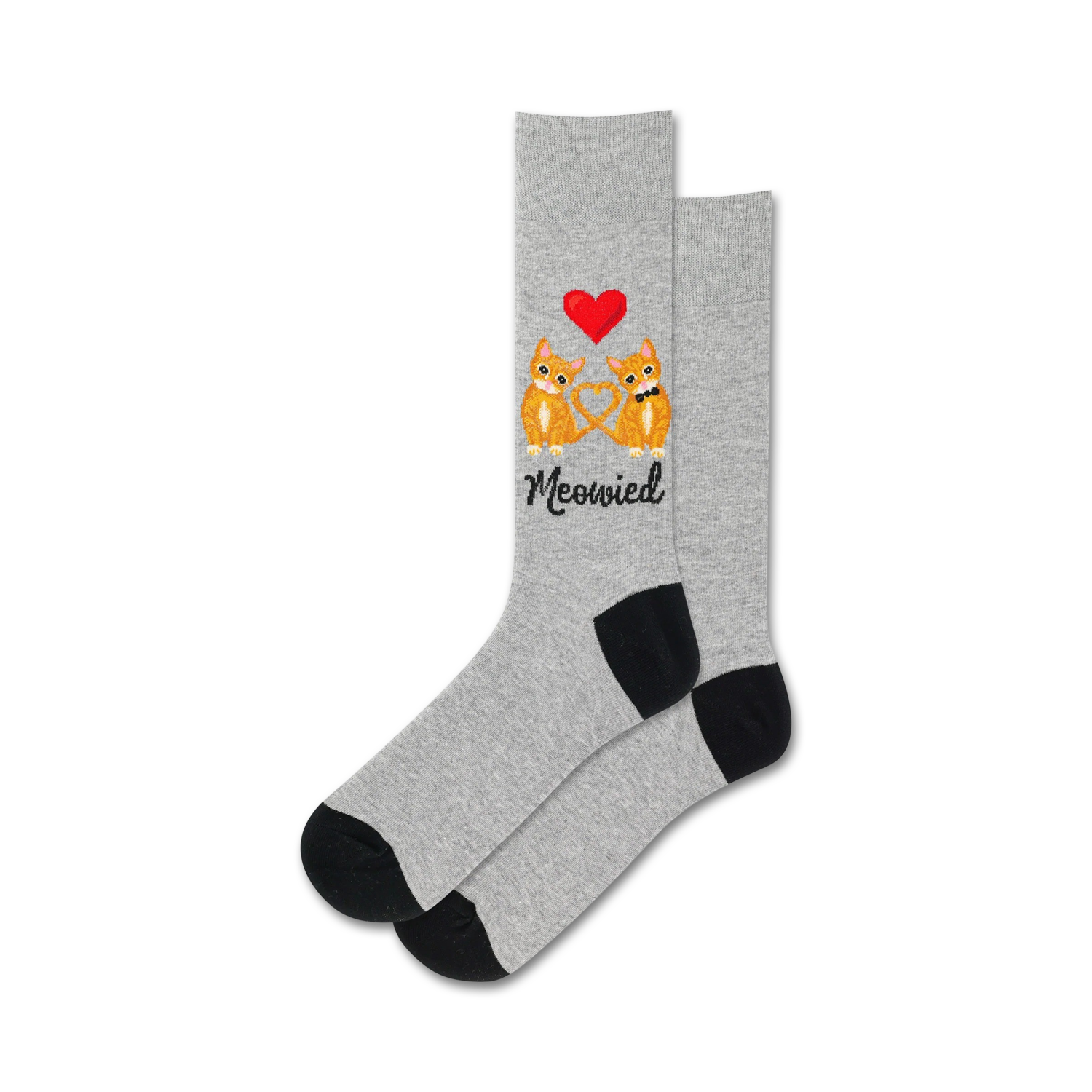 A pair of heather gray crew socks with an image of two orange cats forming a heart shape, a red heart above them, and the word 'Meowied' below.  Black heels and toes.