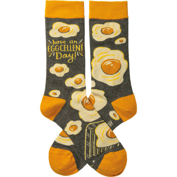 egg-cellent food & drink themed mens & womens unisex yellow novelty crew socks