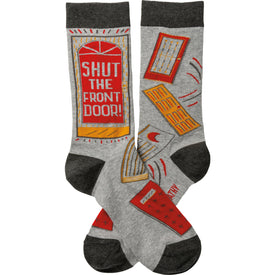 shut the front door funny themed mens & womens unisex grey novelty crew socks