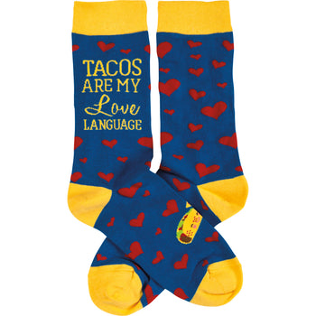 tacos are my love language taco themed womens blue novelty crew socks