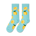 Flatlay of two lemon socks on a white background.