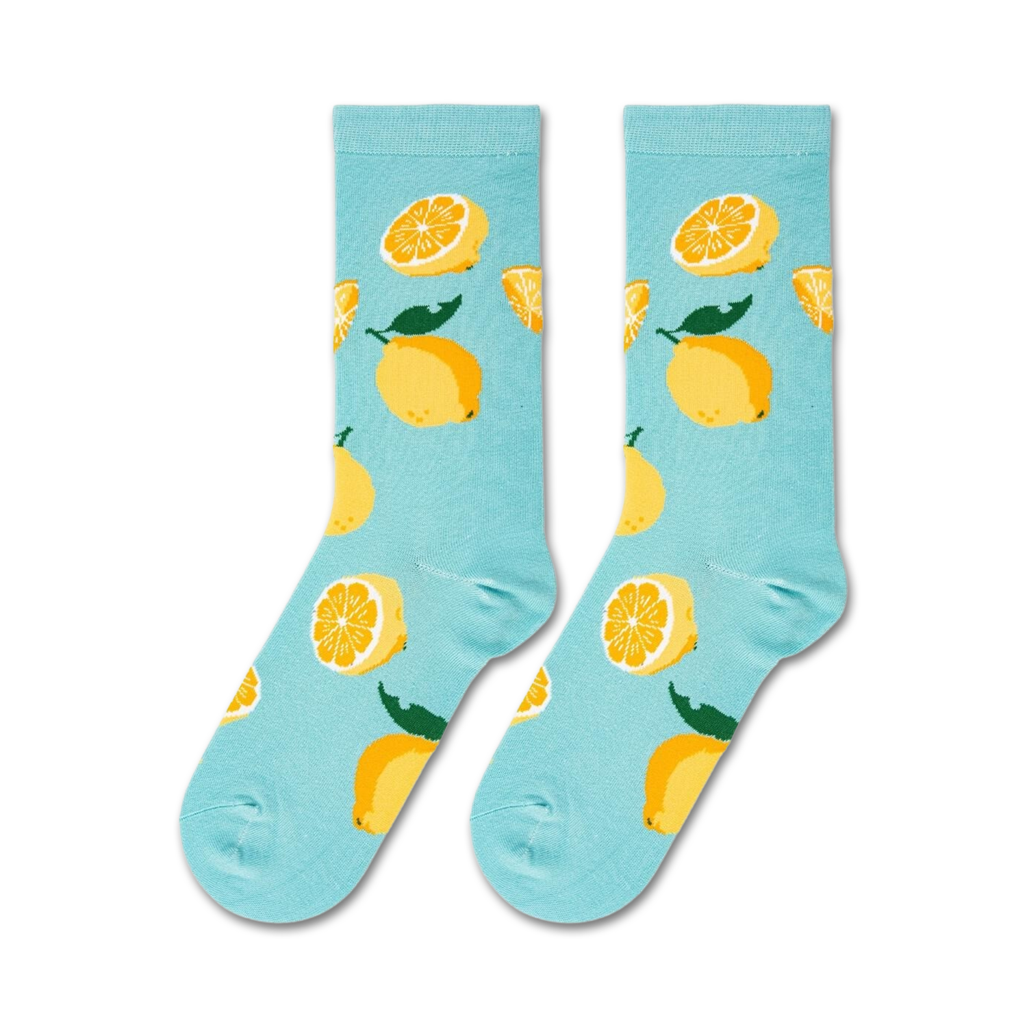 Flatlay of two lemon socks on a white background.