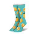 Pair of crew socks. Light teal background with a pattern of yellow lemons and lemon slices. 