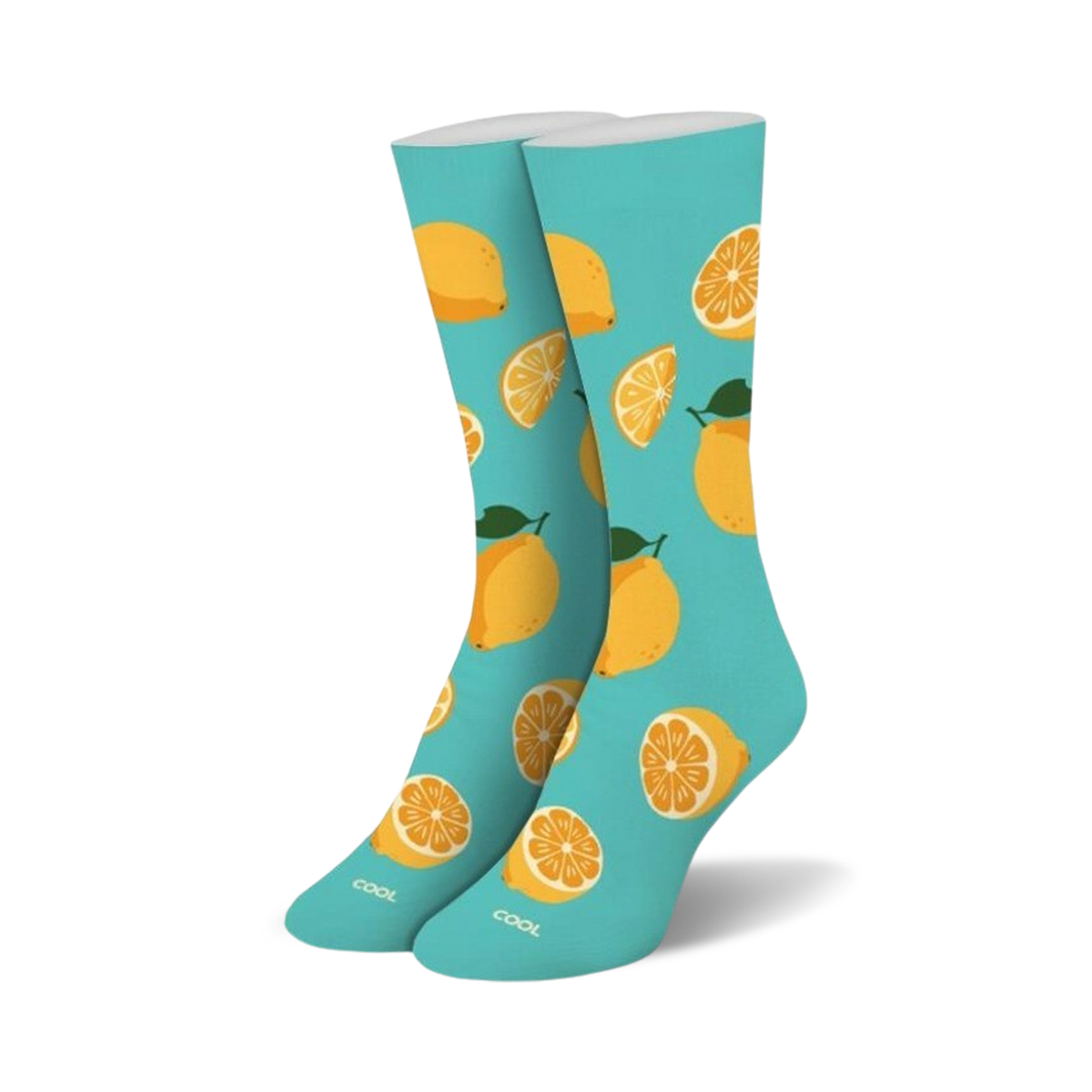 Pair of crew socks. Light teal background with a pattern of yellow lemons and lemon slices. 