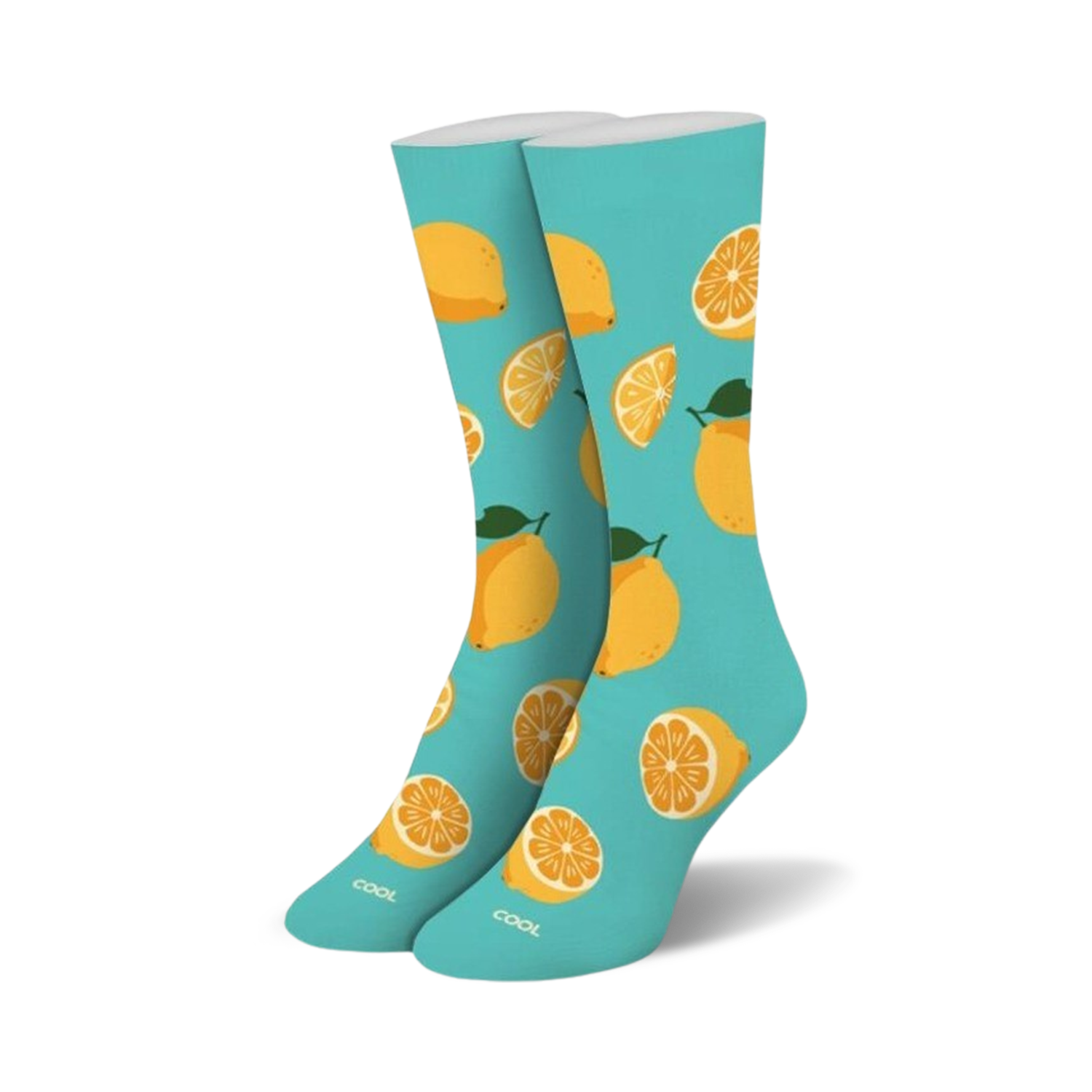 Pair of crew socks. Light teal background with a pattern of yellow lemons and lemon slices. 