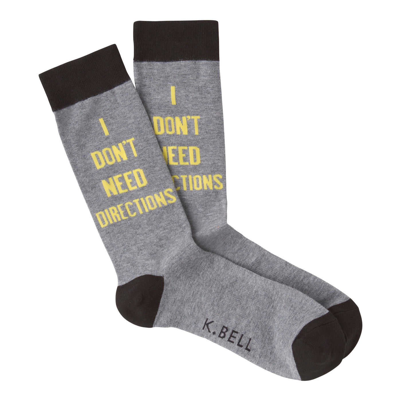 Pair of grey crew socks with a dark grey cuff and yellow text reading "I DON'T NEED DIRECTIONS".