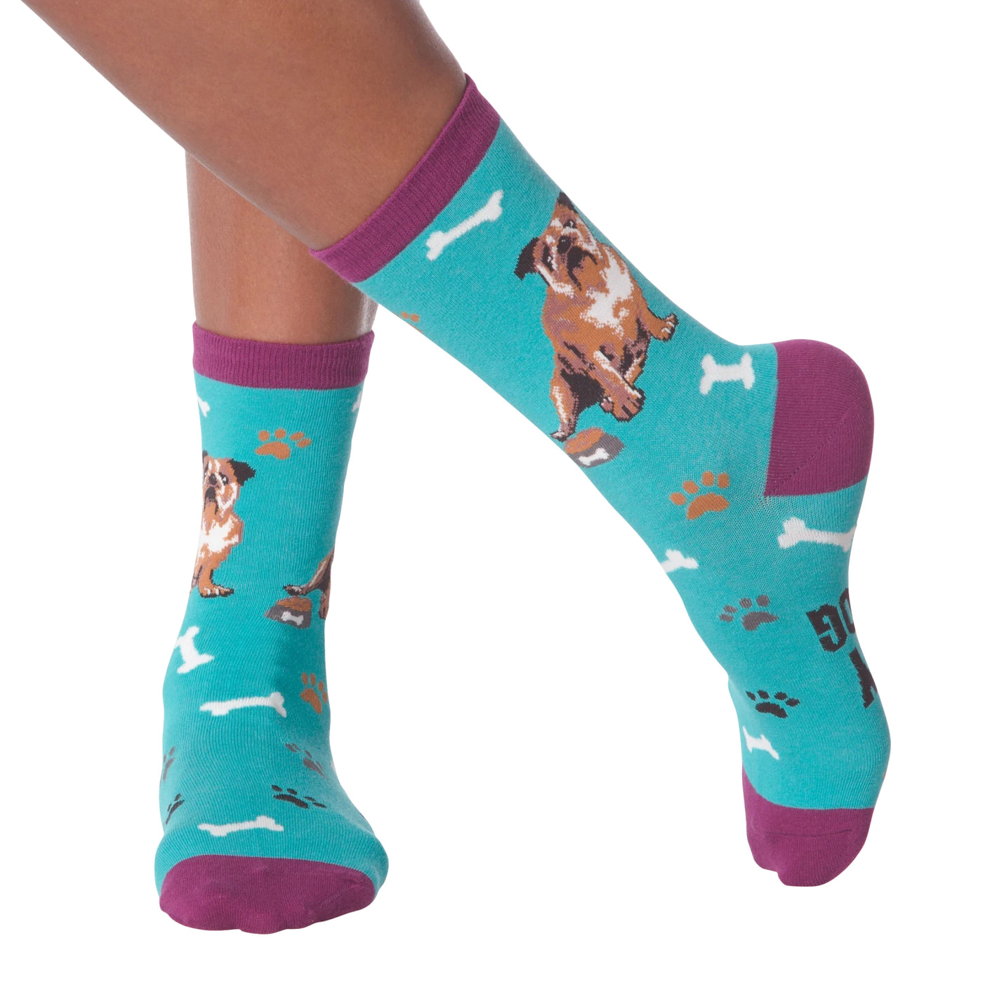 Lifestyle shot of a person wearing the teal bulldog socks.