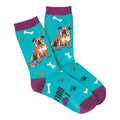 Pair of teal crew socks with purple cuffs.  Features brown bulldog illustrations, bone and paw print designs.