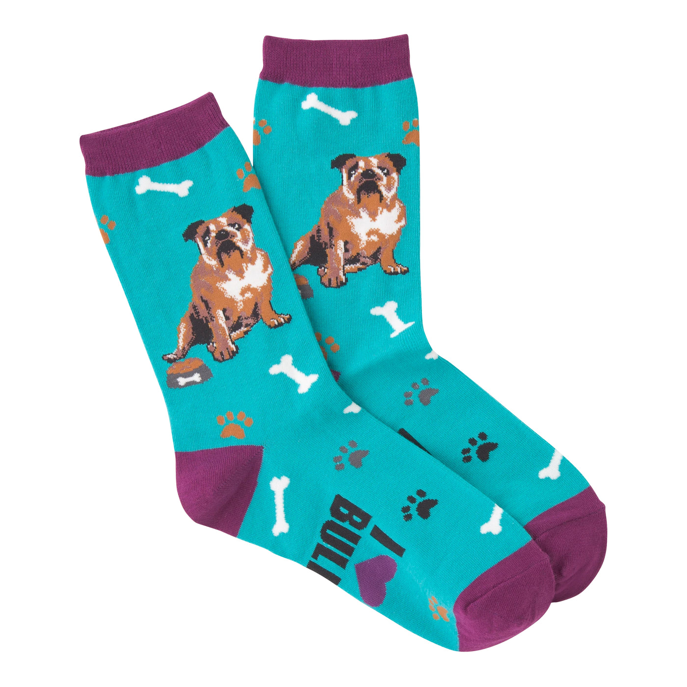Pair of teal crew socks with purple cuffs.  Features brown bulldog illustrations, bone and paw print designs.