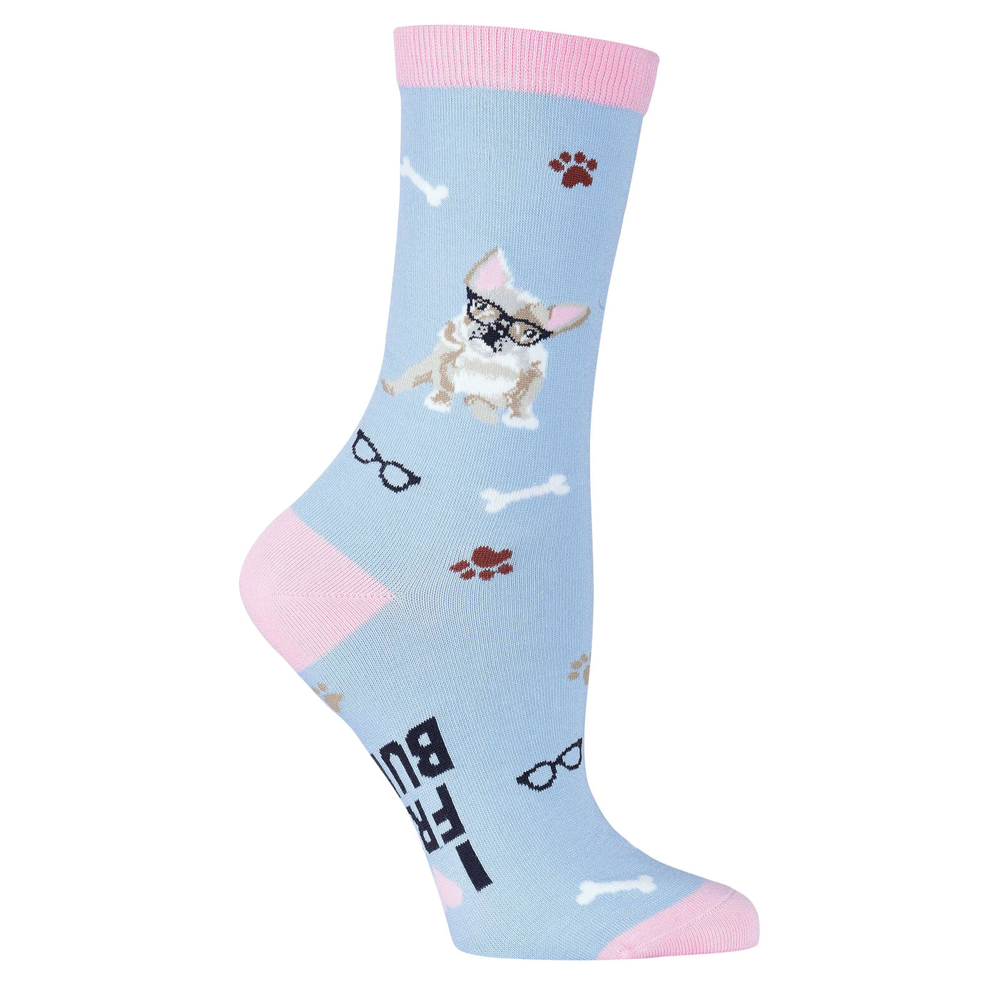 Crew socks in light blue and pink, featuring a Frenchie dog wearing glasses, bones, and paw prints. The text 'I love my French Bulldog' is on the sole.