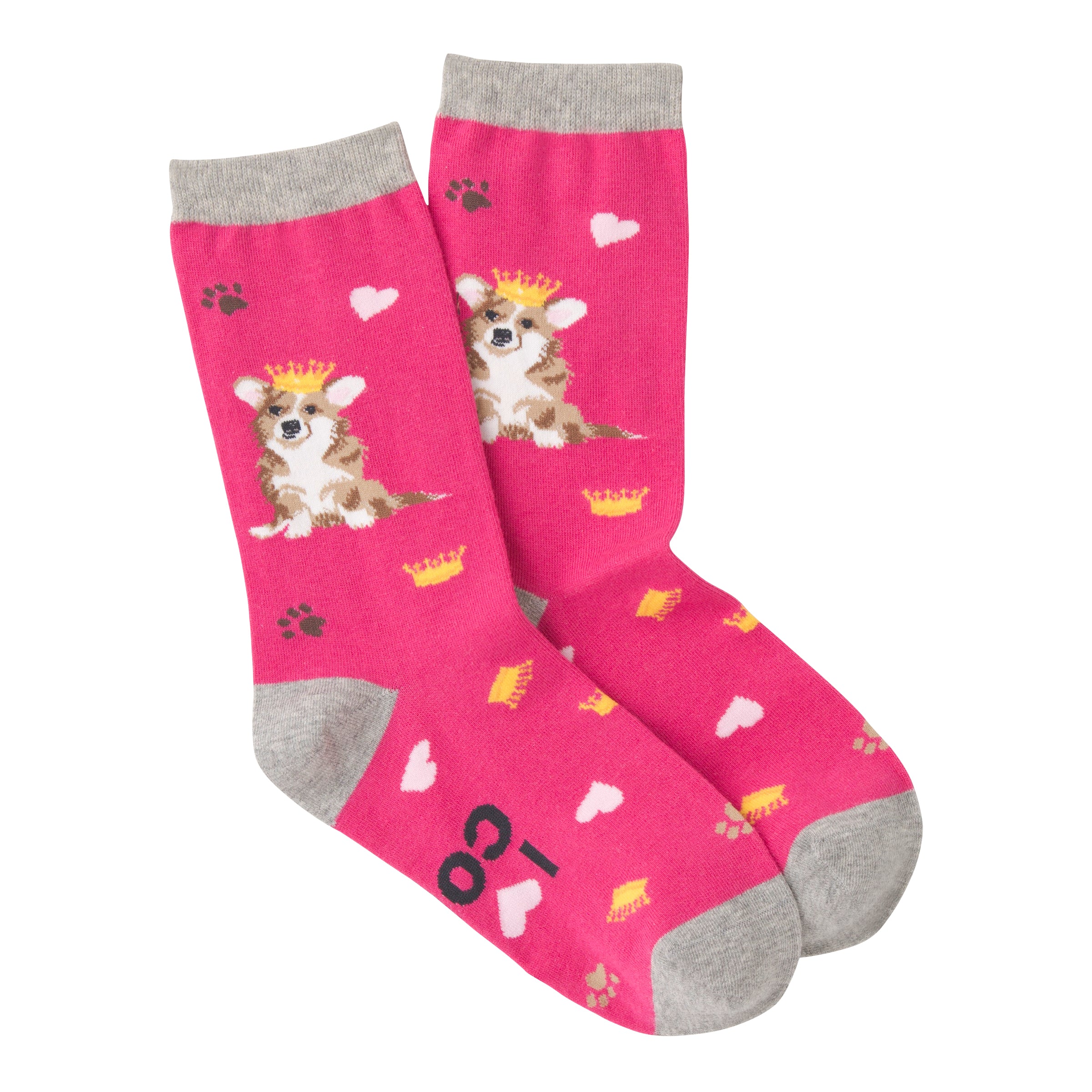 A pair of pink crew socks with a playful design.  Corgis wearing crowns, hearts, and paw prints are featured on a bright pink background.