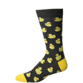 Crew socks, dark gray with yellow rubber duck pattern, yellow heel and toe. [lf]