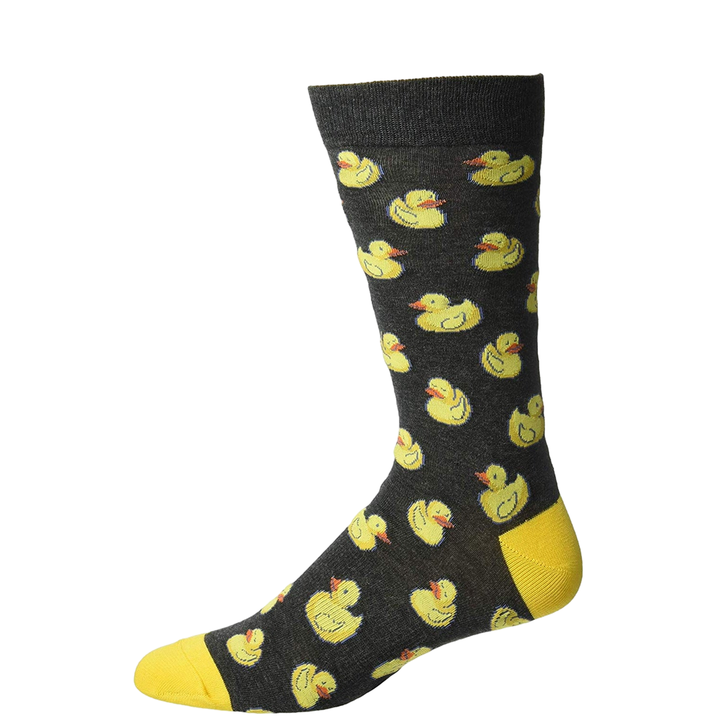 Crew socks, dark gray with yellow rubber duck pattern, yellow heel and toe. [lf]