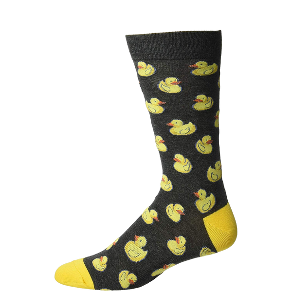 Crew socks, dark gray with yellow rubber duck pattern, yellow heel and toe. [lf]