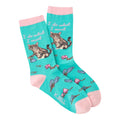 Crew socks, teal and pink, featuring a tabby cat spilling teacups and the phrase 'I do what I want'.