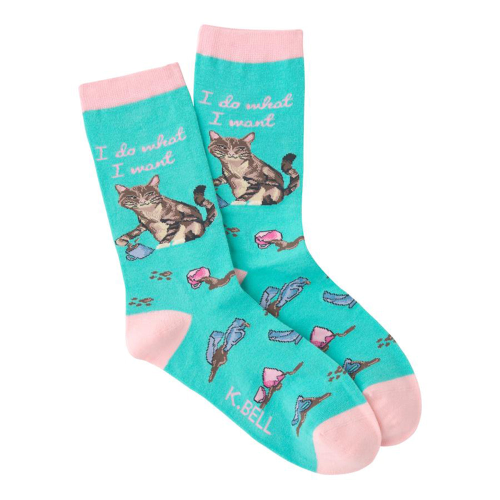 Crew socks, teal and pink, featuring a tabby cat spilling teacups and the phrase 'I do what I want'.