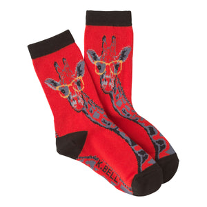 giraffe with glasses giraffe themed  red novelty crew socks