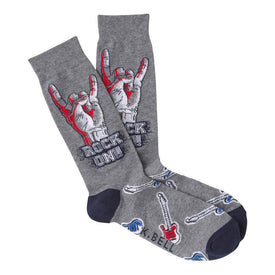 rock on music themed mens grey novelty crew socks