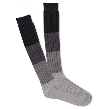 Pair of knee-high socks in a marl block pattern. The socks are primarily gray and black with a subtle color gradient.