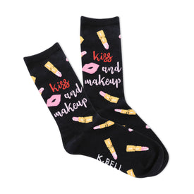 kiss & make up makeup themed womens black novelty crew socks