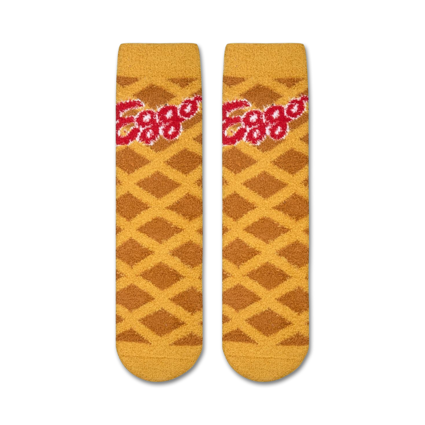 Flat lay image showing two Eggo Waffles Fuzzy socks.