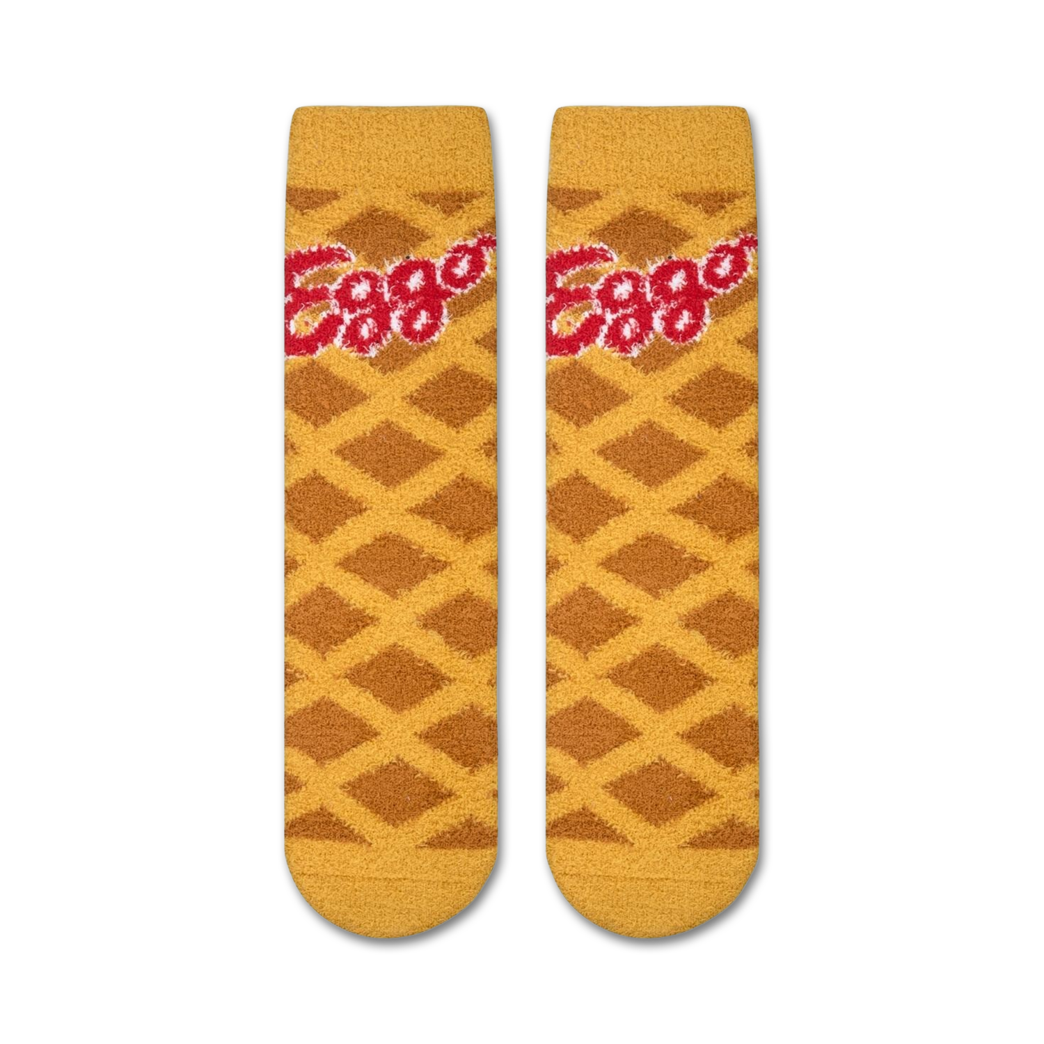 Flat lay image showing two Eggo Waffles Fuzzy socks.