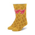 Pair of fuzzy crew socks. Golden yellow waffle pattern with a red Eggo logo.